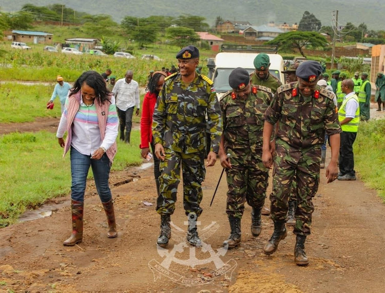 Chief of Defence Forces General Charles Kahariri with Nakuru Governor Susa Kihika in Mai Mahiu on Saturday, May 4, 2024.