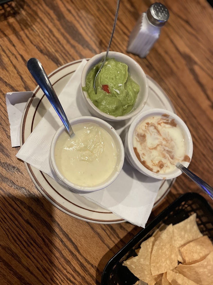 Dipping Trio. Queso, guacamole, and bean and cheese dip. Our favorite was actually the bean dip! But all were delicious.