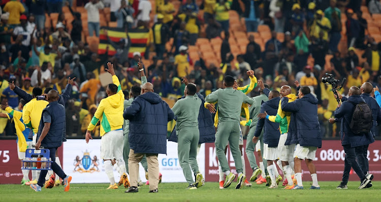 Mamelodi Sundowns players celebrate with the fans.