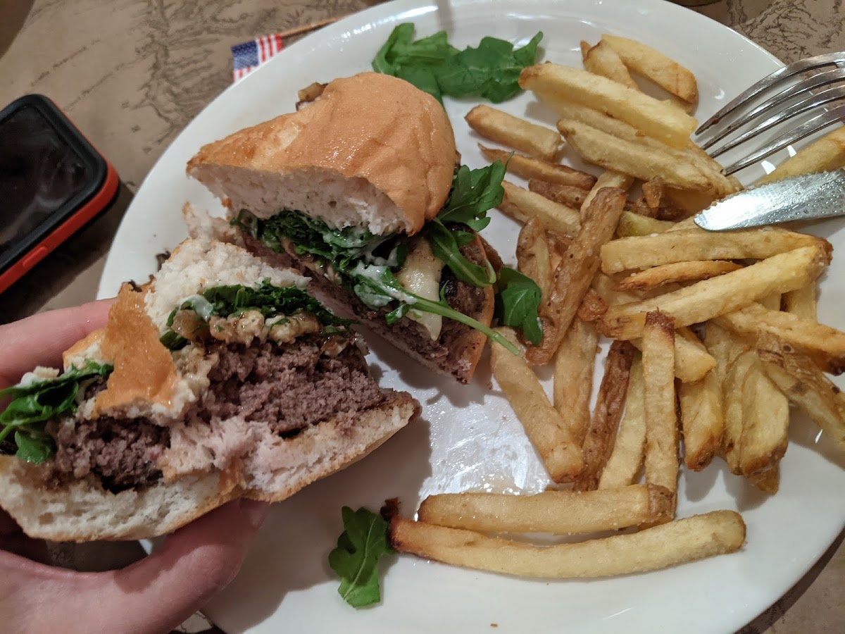 Avalon bison burger on GF bun, side of fries (whcuh I dipped in bbq sauce, also GF!)