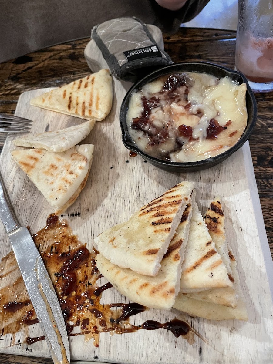 Gluten free cauliflower pita with melted brie/preserves