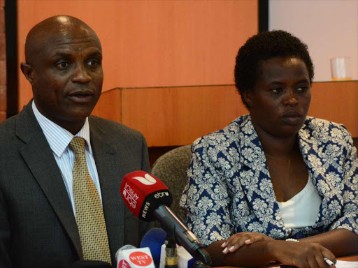 Oljororok Member of Parliament John Muriithi Waiganjo and Laikipia nominated Member of Parliament Sara Paulata Korere during a joint press briefing by Kenya parliamentary human rights association and KNCHR./FILE