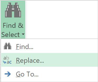 Find & Select option, with Replace highlighted in 2013 version. 
