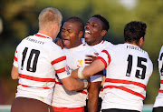 Wandisile Simelane of the Lions celebrates scoring a try with teammates during the 2016 U18 Coca-Cola Craven Week match between Enrista Blue Bulls and Bidvest Golden Lions at Kearsney College, Durban South Africa on 14 July 2016 Â©Muzi Ntombela/BackpagePix