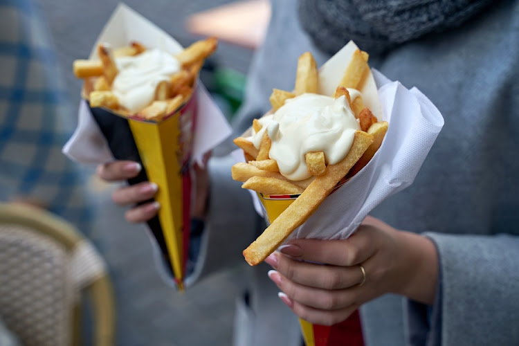 Belgian fries and mayonnaise — definitely not salad cream.