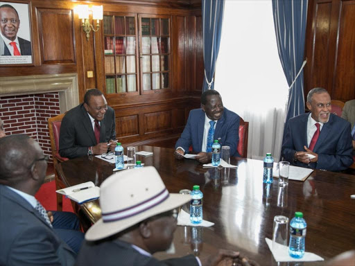 President Uhuru Kenyatta, ODM leader Raila Odinga and Garissa Senator Yusuf Haji with other members of the Building Bridges task force at State House, Friday September 21, 2018. /PSCU