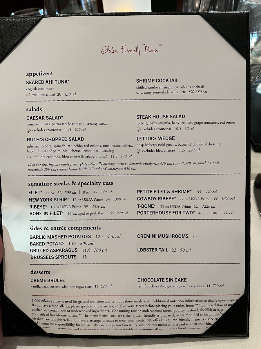 Gluten Free menu provided