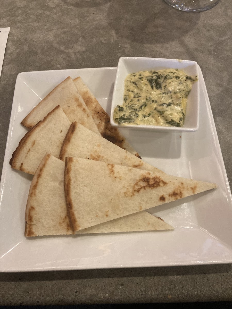 Brunch sized spinach and artichoke dip with GF pitas