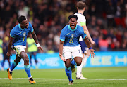 Brazil's Endrick celebrates scoring with teammate Vinicius Junior in the international friendly against England at Wembley Stadium in London on Saturday.
 