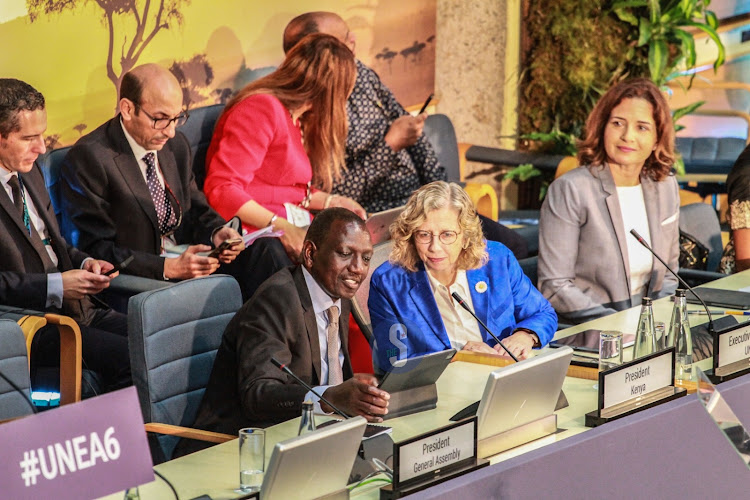 President William Ruto engages UNEP Executive director Inger Andersen and UNEA President Leila Benali during the official opening ceremony of the UNEA-6 Assembly at UN offices Nairobi on February 29,2024.