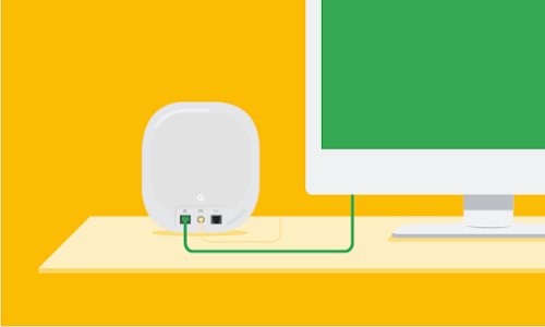 A graphic with a yellow background, showing a Nest Wifi Pro router connected to a desktop computer with a green ethernet cable