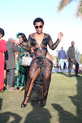Zodwa Wabantu's floor-length high-slit dress turned heads at the Vodacom Durban July.