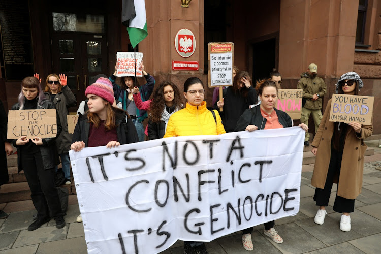 Demonstrators gather to protest, as Israel's ambassador to Poland is called to Polish Foreign Ministry after comments he made about the death of a Polish aid worker Damian Sobol, who was killed by the Israeli army in Gaza, in Warsaw, Poland April 5, 2024.