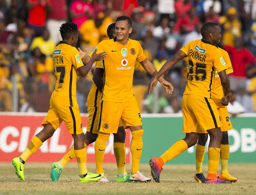 Gustavo Paez (C) celebrates with teammates after scoring his second goal for Kaizer Chiefs during a Nedbank Cup last 16 match against ABC Motsepe League outfit Acornbush United at Kabokweni Stadium on April 09, 2017 in Nelspruit, South Africa. Chiefs won 2-1.