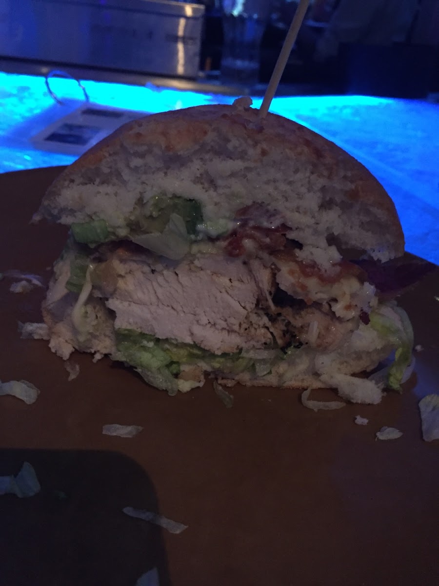 Chicken and bacon sandwich on a gluten free bun