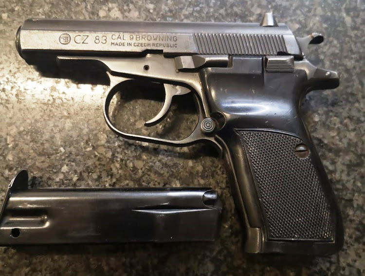 A Browning pistol, stolen in Bellville in August 2018, which police found when they arrested four suspected kidnappers in Cape Town on September 25 2019.