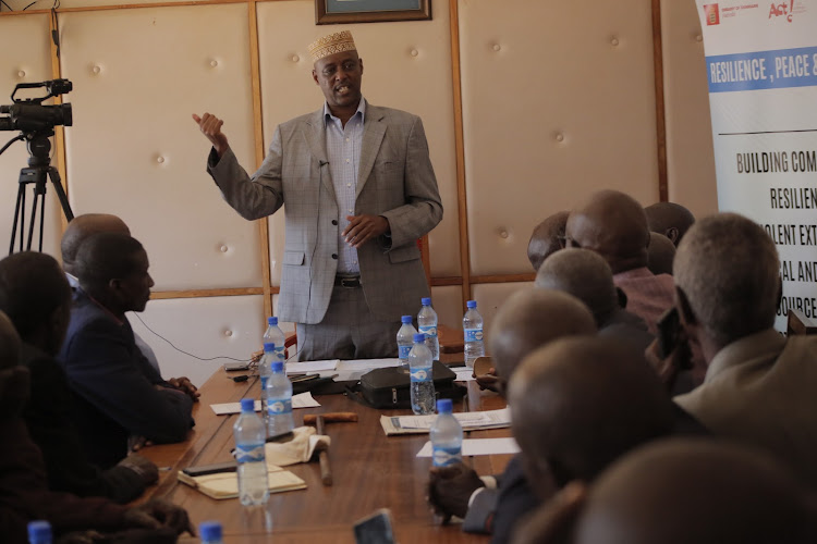 Baringo county commissioner Abdirizak Jaldesa addresses Pokot elders from Tiaty at his office in Kabarnet town on Wednesday, October 12.