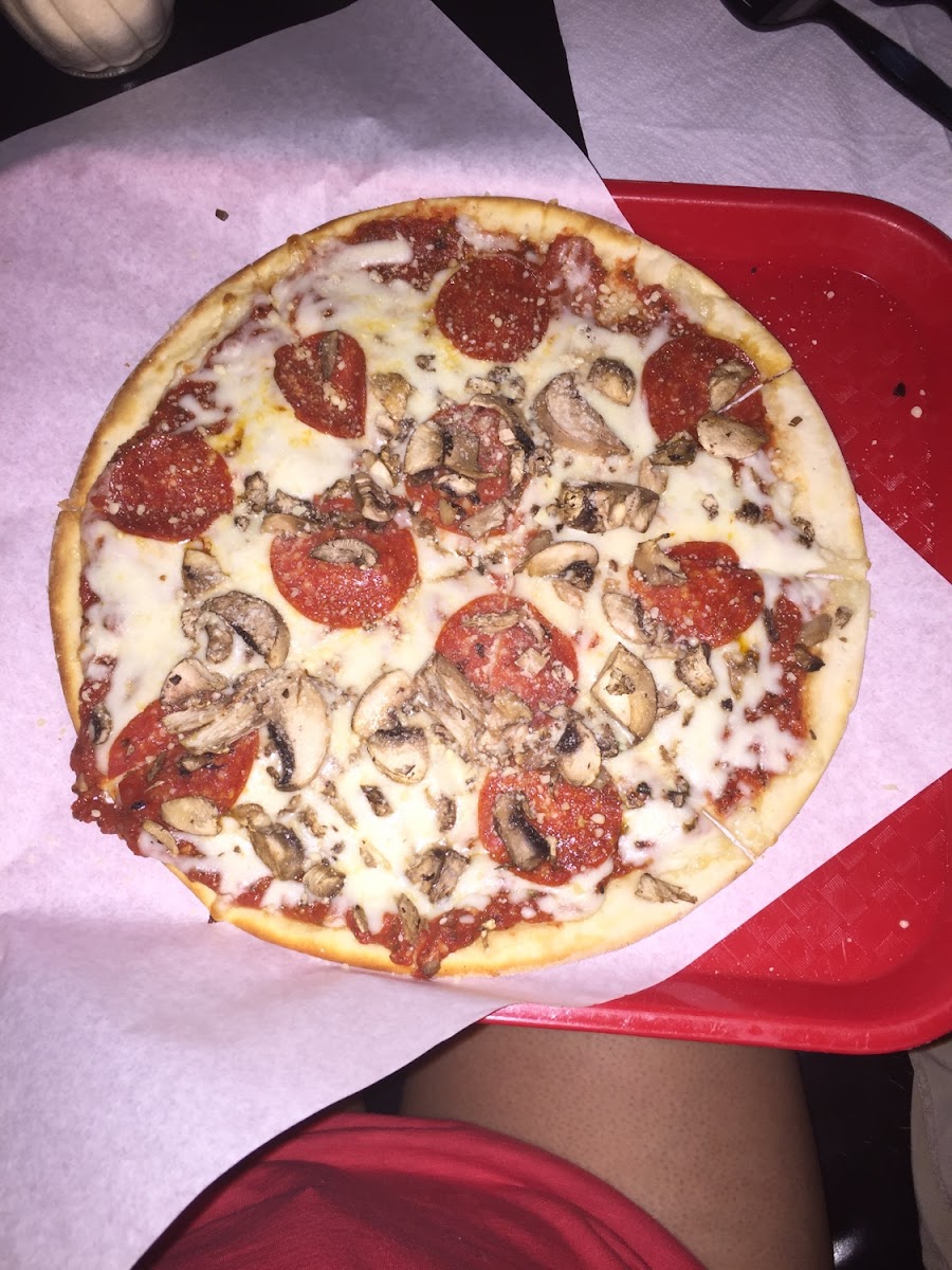 Gluten Free with pepperoni and mushrooms.