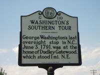 George Washington's last overnight stop in N.C., June 3, 1791, was at the home of Dudley Gatewood, which stood 1 mi. N.E.Plaque via North Carolina Highway Historical Marker Program, and is used...