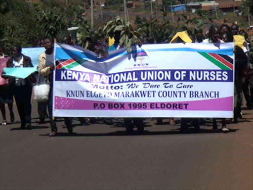 Elgeyo Marakwet health workers march in Iten following a strike over their CBA, June 5, 2017. /STEPHEN RUTTO