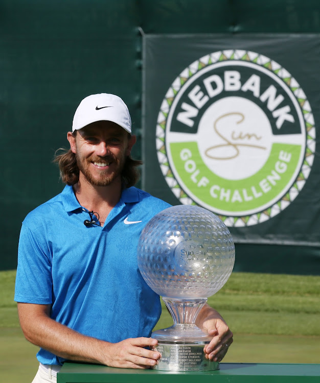 Tommy Fleetwood poses for a photo with the Nedbank Golf Challenge Trophy after victory during the fourth round of the Nedbank Golf Challenge hosted by Gary Player at the Gary Player CC on November 17, 2019 in Sun City, South Africa.