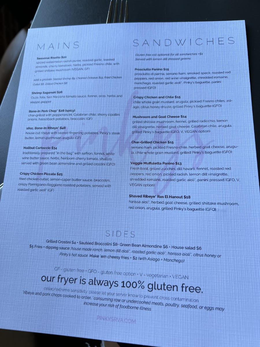Pinky's gluten-free menu