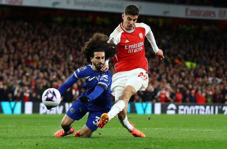 Arsenal's Kai Havertz scores their third goal in the Premier League clash against Chelsea at Emirates Stadium, London on April 23, 2024