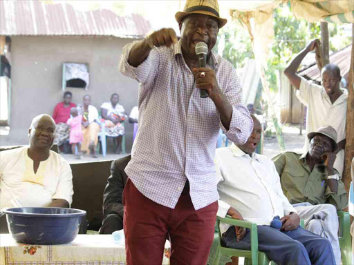 Kisumu Senator Fred Outa during the burial of the three victims of police brutality in Ahero on Friday/MAURICE ALAL.