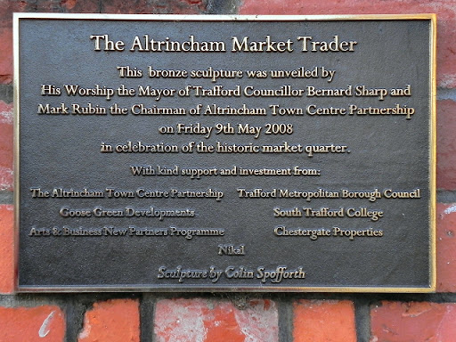 Plaque on the Wall outside the Town Hall, near SJ7687 : The Altrincham Market Trader. © Copyright David Dixon and licensed for reuse under this Creative Commons Licence . Submitted via Geograph