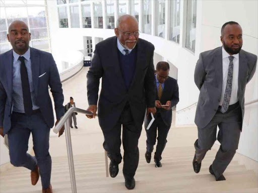 Mombasa Governor Hassan Joho (right) with former US Ambassador Johnnie Carson (center), who is now a Senior Advisor at the United States Institute of Peace (USIP) during a round-table meeting in US. /GPS