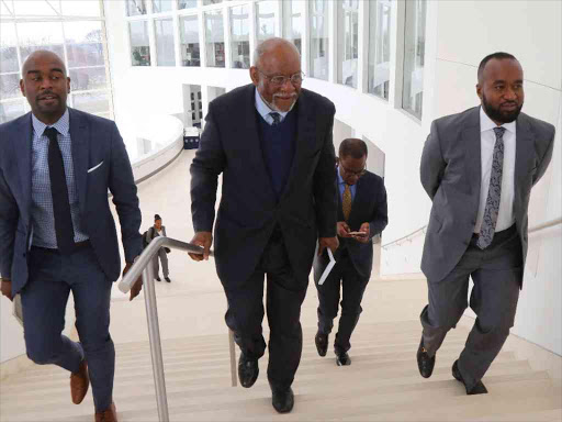 Mombasa governor Hassan Joho (right) with former US Ambassador Johnnie Carson (center), who is now a Senior Advisor at the United States Institute of Peace (USIP) during a round-table meeting in US.Photo GPS