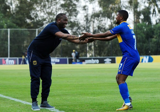 Head Coach Benni McCarthy celebrates Majoro's goal(not in a picture) with Lyle Lakay of Cape Town City celebrates his goal during 2017 MTN8 game between Bidvest Wits and Cape Town City at Bidvest Wits Stadium on 10 September 2017@Aubrey Kgakatsi/BackpagePix