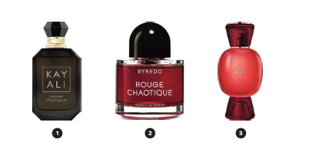 3 of the best: The soft and delicate Kayali Oudgasm Vanilla Oud, night life and nocturnal duality-inspired Byredo Rouge Chaotique Extrait De Parfum and the romance-inducing Bvlgari Allegra Baciami EDP.