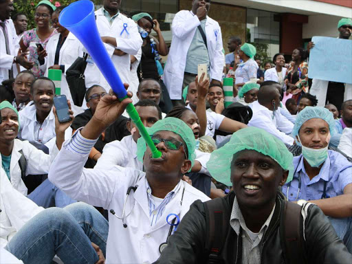 Striking doctors on Harambee Avenue during a demonstration when they started their countrywide strike on Monday /MONICAH MWANGI