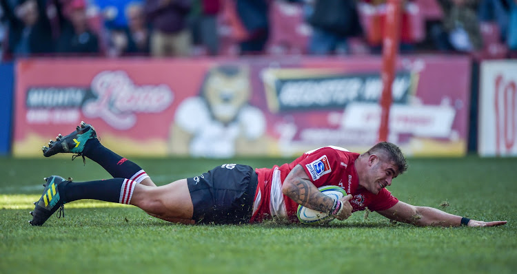 Malcolm Marx of the Emirates Lions scores his try during the Super Rugby game against the Jaguares at Emirates Airline Park Stadium, Johannesburg on July 21 2018.