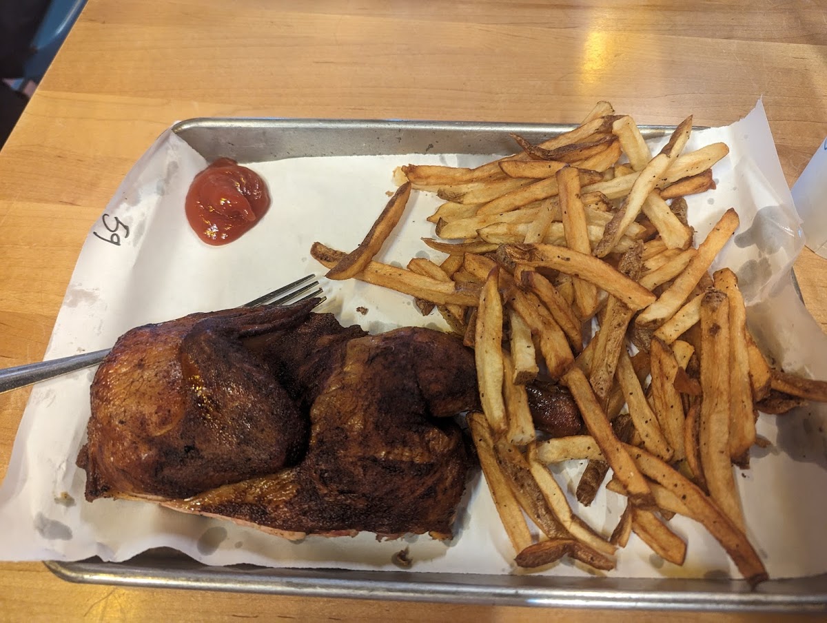 Half chicken and fries (they said the fryer was dedicated)