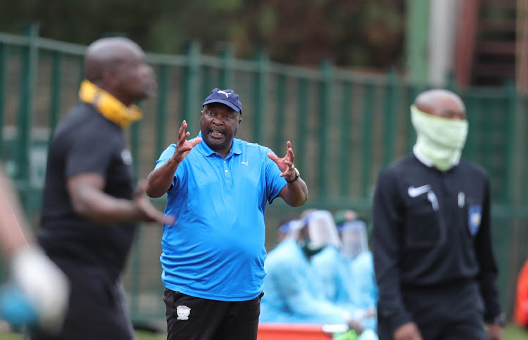 Jomo Sono, coach of Jomo Cosmos reacts during the 2021 Nedbank Cup last 32 match between Jomo Cosmos v Black Leopards at Olen Park Stadium, Potchefstroom, on 07 February 2021.