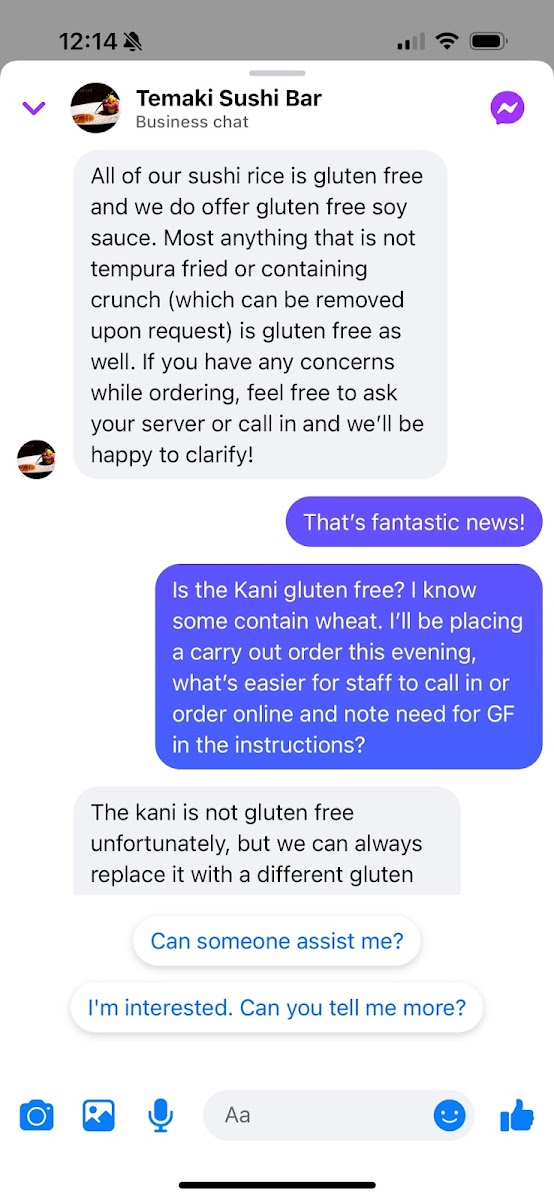 Temaki Sushi Bar gluten-free menu
