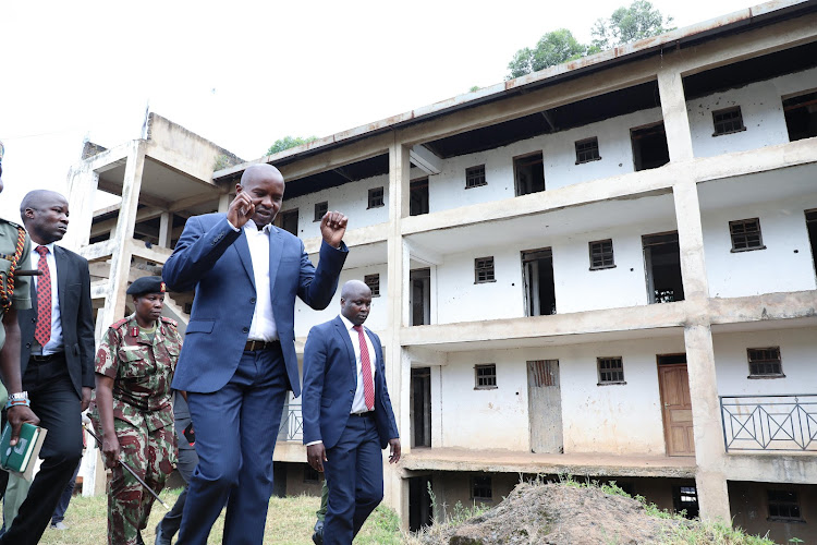 Interior CS Kithure Kindiki arrives at the ongoing construction of the Memisi ASTU Camp, at the Borabu/Sotik border on March 25, 2024.