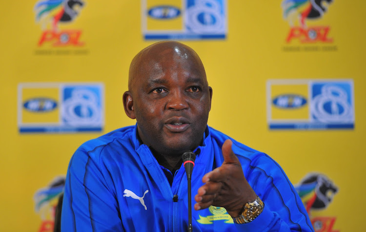 Mamelodi Sundowns coach Pitso Mosimane speaks during a press conference at the Premier Soccer League offices in Parktown, north of Johannesburg, on August 30 2018.