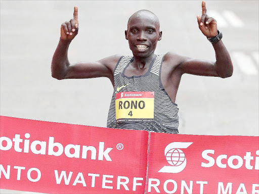 Philemon Rono of Kenya crosses the line during the Toronto Marathion. /COURTESY