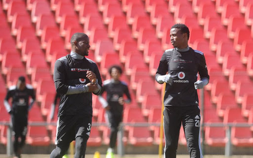 File picture of Ntsikelelo Nyauza with Thamsanqa Sangweni of Orlando Pirates during the Orlando Pirates Training on the 17 August 2017 at Rand Stadium.