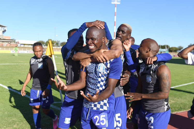 Edmore Chirambadare celebrates scoring for Magesi FC with teammates during their Motsepe Foundation Championship game against Milford FC at Old Peter Mokaba Stadium on Sunday that secured the 2023-24 title for the Polokwane team.