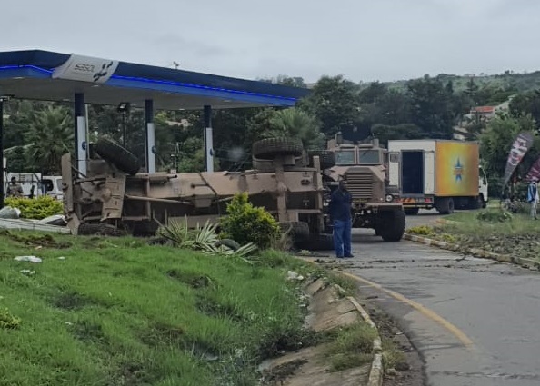 The military vehicle was trying to avoid a taxi which was driving in the wrong lane when it crashed.