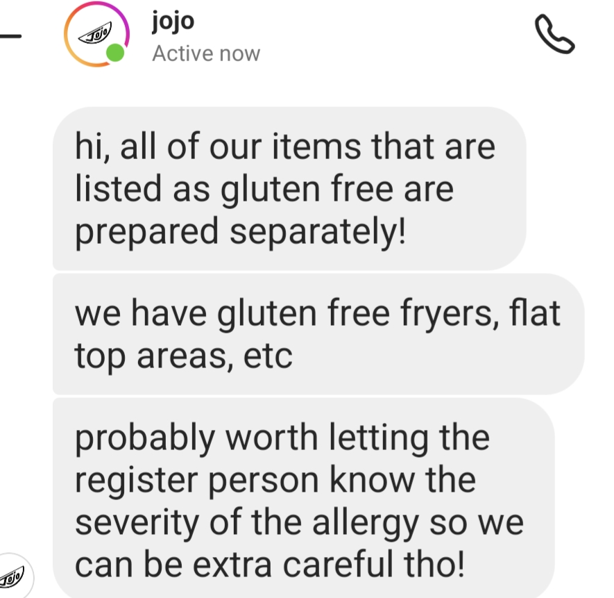Text from Jojos asking about celiac