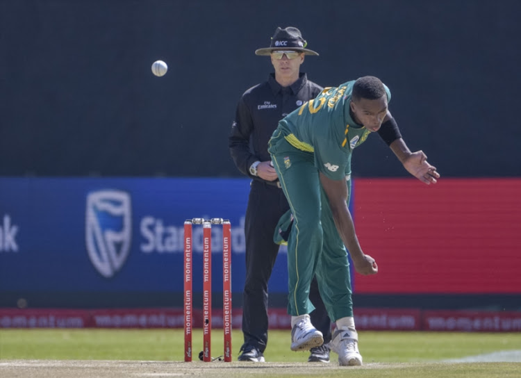 Lungi Ngidi of South Africa during the 1st Momentum ODI match between South Africa and Zimbabwe Diamond Oval on September 30, 2018 in Kimberley, South Africa.