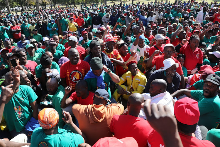 Amcu and NUM members who are on strike at the Union Buildings in Pretoria. They are demanding that their employer Sibanye Stillwater increase their wages