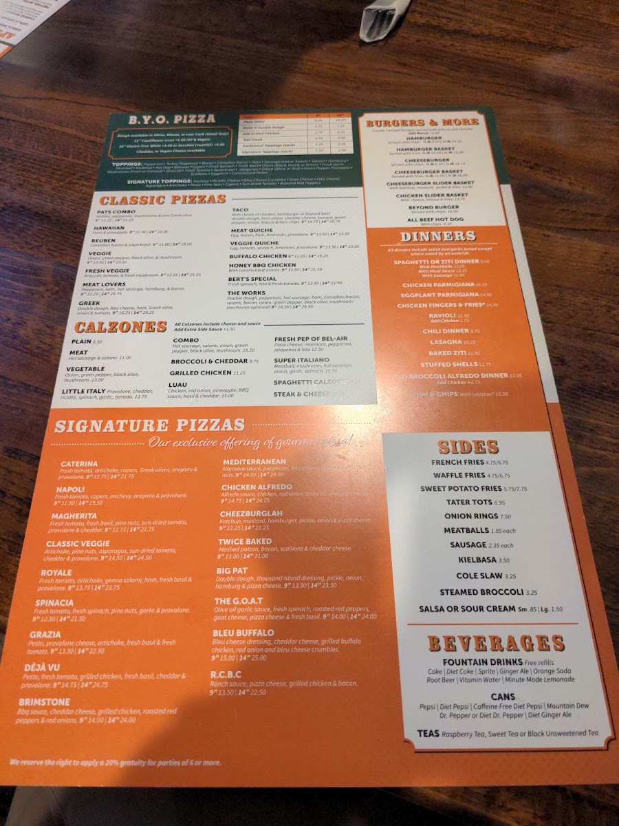 Pat's Pizza gluten-free menu