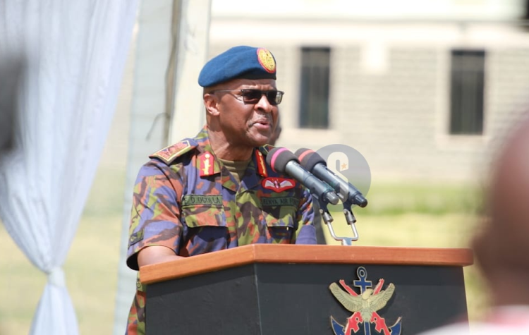 Chief of Defence Forces Francis Ogolla addresses KDF troop from the Democratic Republic of Congo after they arrived at the Embakasi Garrison in Nairobi on December 21, 2023.
