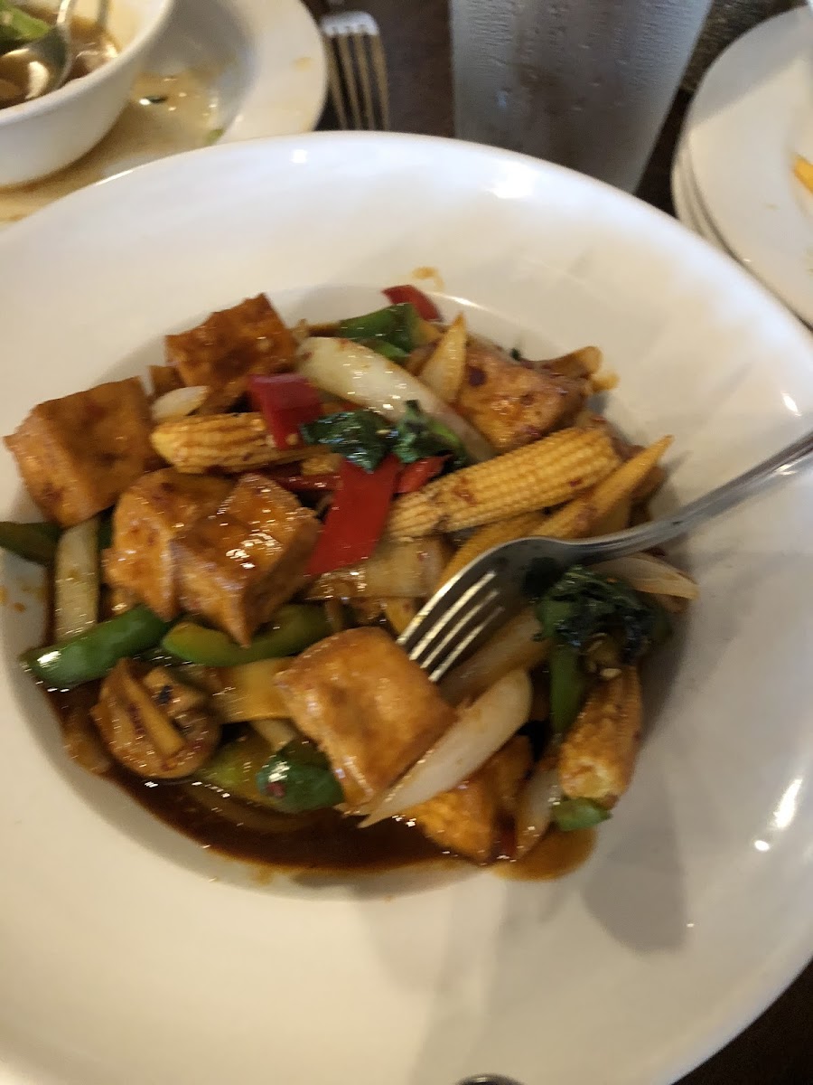 Spicy basil entree with tofu. Also, this comes with steamed rice.